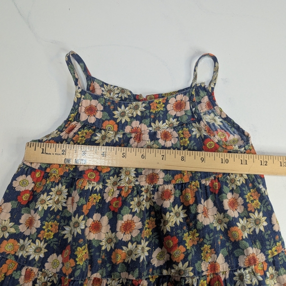 Bonton Paris Girls Calypso Floral Midi Dress 70s Navy Blue Lurex Tiered Size 4 - Picture 4 of 9